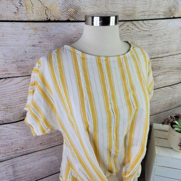 Lou & Grey Skip Doppy Tie-Front Fray Hem Striped Yellow Size Small - Picture 2 of 8